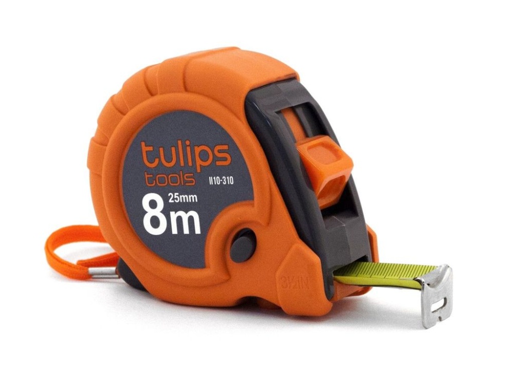 Рулетка 8 м х 25 мм 3 фиксатора ударопрочный обрезиненный корпус магнитный крючок TULIPS