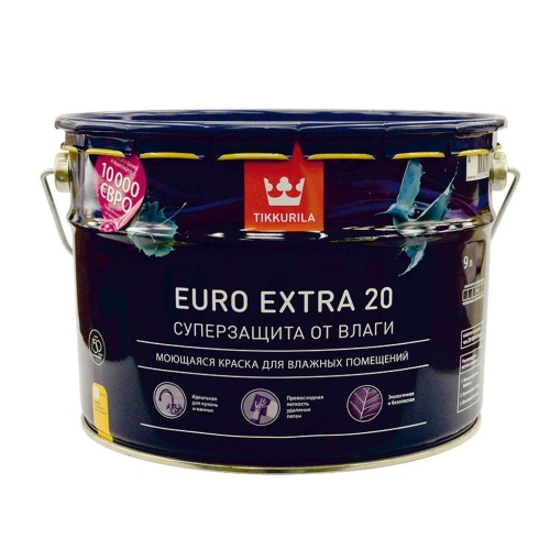 Краска влагостойкая акриловая TIKKURILA EURO EXTRA 20 А полуматовая (9 л)