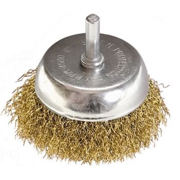 Щетка-крацовка для дрели 75 мм, "чашка" со шпилькой, латунированная витая проволока