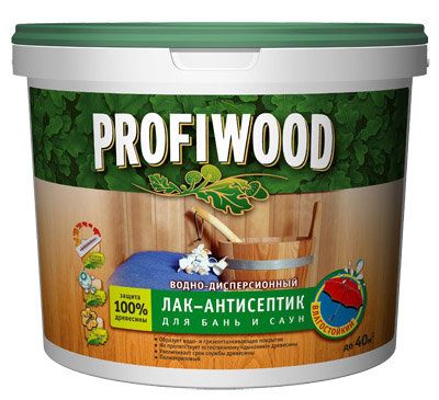 Лак-антисептик для бань и саун влагостойкий водно-дисперсионный PROFIWOOD (0,9 кг)