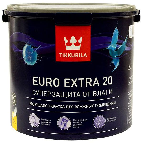 Краска влагостойкая акриловая TIKKURILA EURO EXTRA 20 С полуматовая (2,7 л)